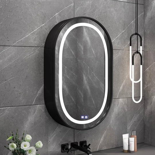 Oglinda LED cu Dulap, Ovala, 50x80cm, Dezaburire, Lumina Rece/Calda/Neutra, Rama Neagra, Spatiu de Depozitare Oglinzi Dulap Default Title Alessandro Design