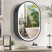 Oglinda LED cu Dulap, Ovala, 50x80cm, Dezaburire, Lumina Rece/Calda/Neutra, Rama Neagra, Spatiu de Depozitare