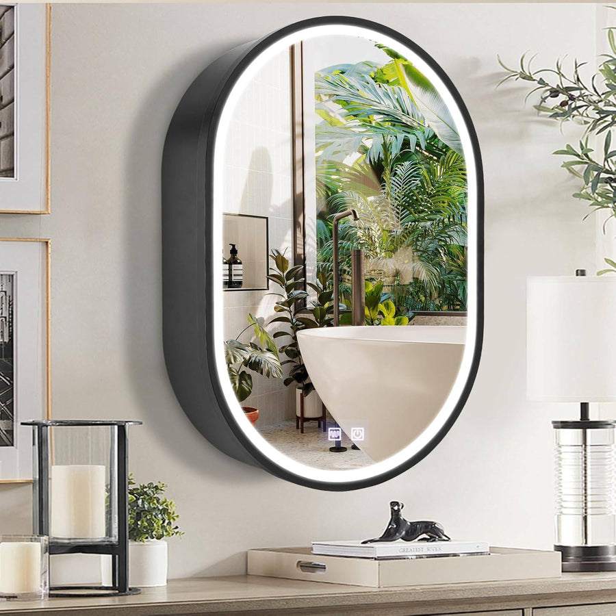 Oglinda LED cu Dulap, Ovala, 50x80cm, Dezaburire, Lumina Rece/Calda/Neutra, Rama Neagra, Spatiu de Depozitare