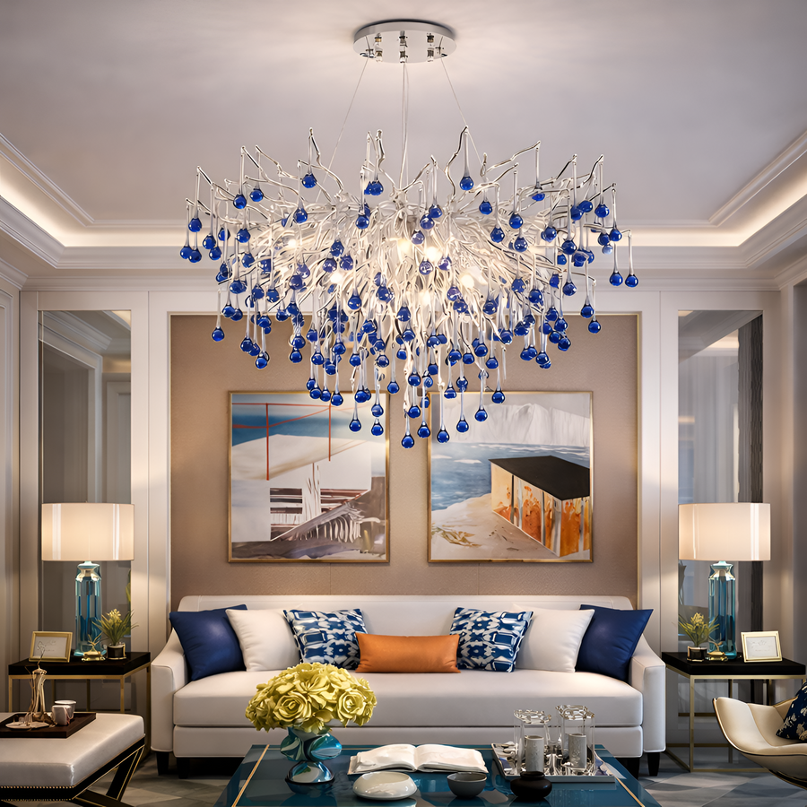 Krištáľový luster CC335/600CH, 7x G9, chrómové a modré kryštály, 60 cm, nastaviteľná výška