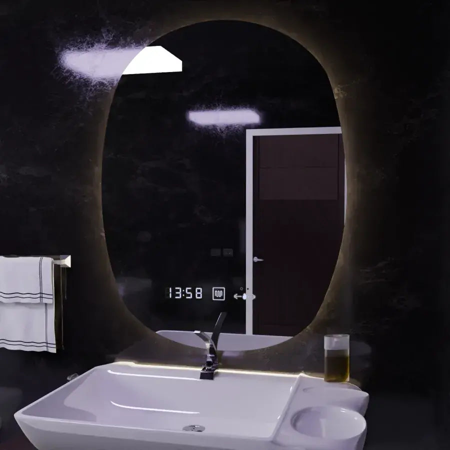 Oválne LED zrkadlo 60x80cm Ranya Sensor Motionglow Marcello Simible Clock Defosting System