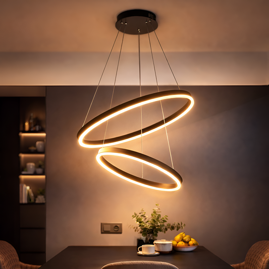 Závesný LED luster s diaľkovým ovládaním CASIANA 40W, 2 kruhy, studené/teplé/neutrálne svetlo 3000K/4000K/6000K, stmievateľné, čierny, nastaviteľná výška, kov a akryl