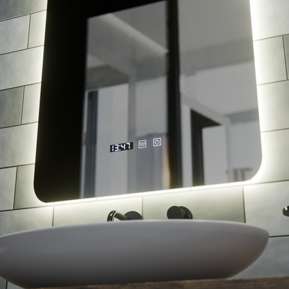 ARTAR dotykové obdĺžnikové LED zrkadlo, 60x80cm, odhmlievací systém, stmievateľné, hodiny a teplota, teplé neutrálne studené svetlo 3000K/4000K/6000K