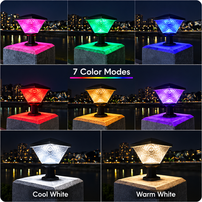 LED solárne svietidlo pre vonkajší stĺp KATTAKURGAN, 8W, teplé/studené/neutrálne svetlo + RGB, štvorcový tvar, hliník, čierne, stmievateľné