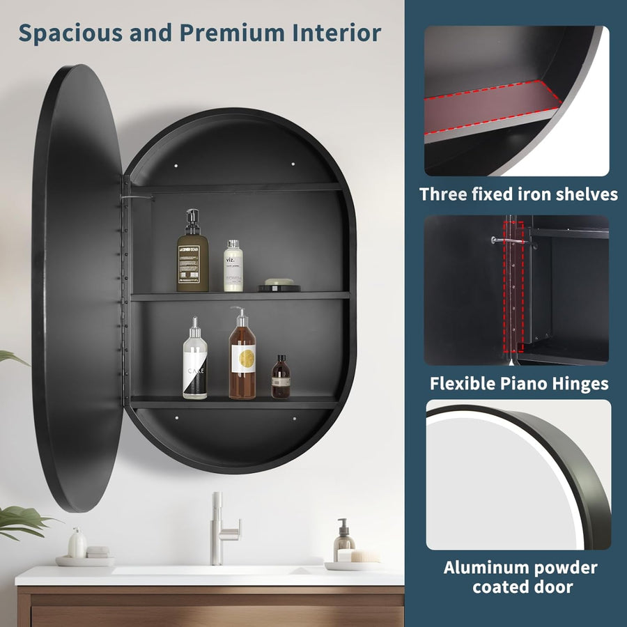 Oglinda LED cu Dulap, Ovala, 50x80cm, Dezaburire, Lumina Rece/Calda/Neutra, Rama Neagra, Spatiu de Depozitare