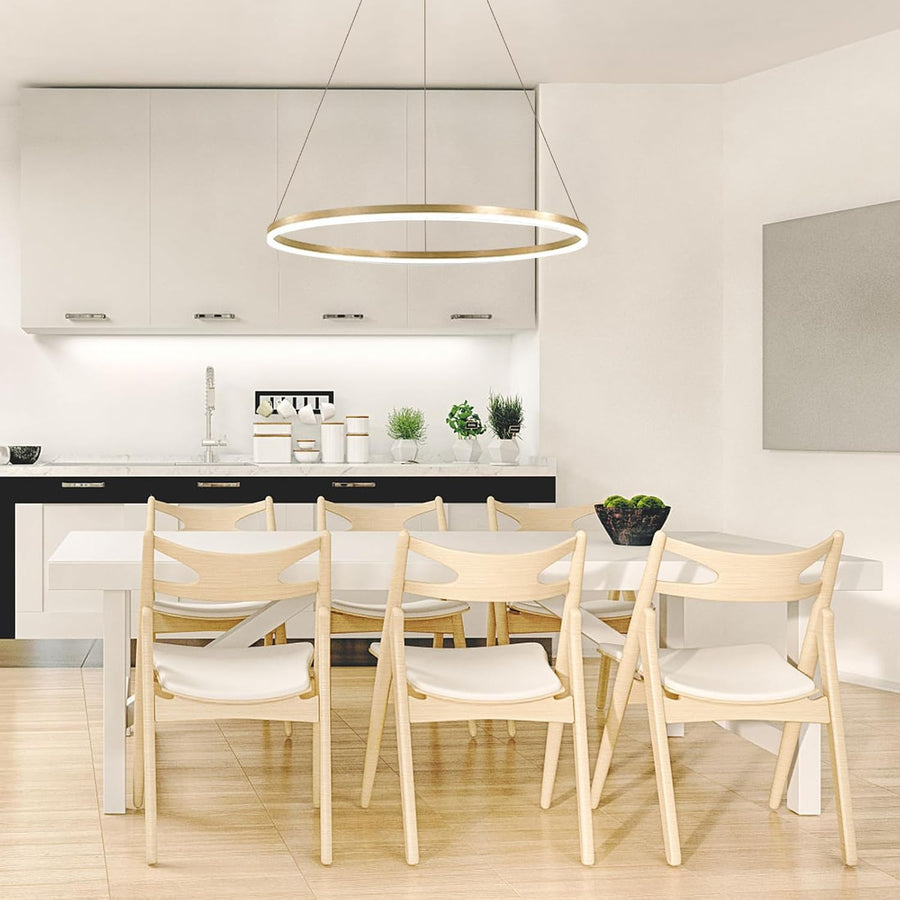 Závesný LED luster, ANINA, 34W, 1 kruh, priemer 49 cm, studené/teplé/neutrálne svetlo 3000K/4000K/6000K, stmievateľné, lesklá zlatá biela, nastaviteľná výška, kov a akryl