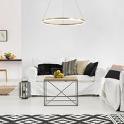 Závesný LED luster, ANINA, 34W, 1 kruh, priemer 49 cm, studené/teplé/neutrálne svetlo 3000K/4000K/6000K, stmievateľné, lesklá zlatá biela, nastaviteľná výška, kov a akryl