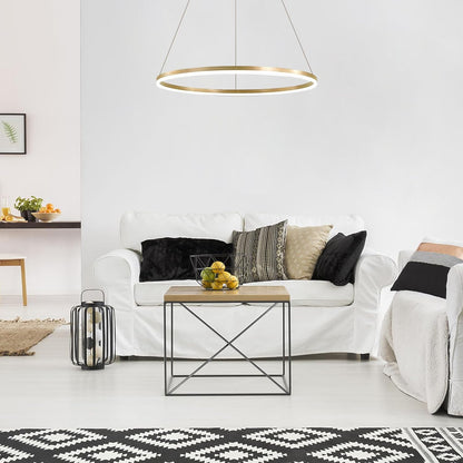 Závesný LED luster, ANINA, 34W, 1 kruh, priemer 49 cm, studené/teplé/neutrálne svetlo 3000K/4000K/6000K, stmievateľné, lesklá zlatá biela, nastaviteľná výška, kov a akryl