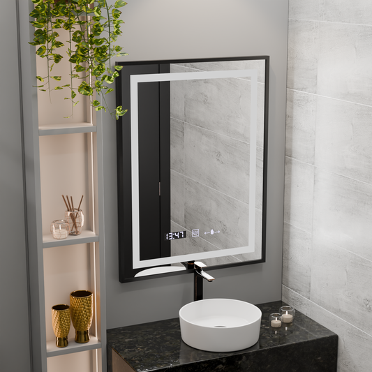 Obdĺžnikové LED zrkadlo, 60x80cm, Verite Majeste Noir Motion Glow Marcello, Demister System, Hodiny & Teplomer, Stmievateľné
