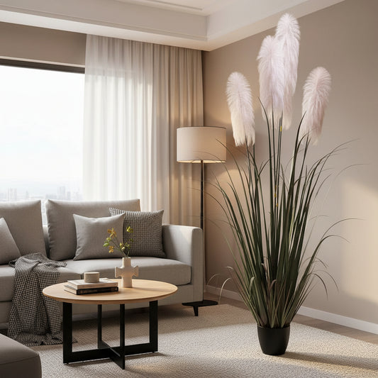 Aranjament decorativ cu 4 fire, Stuf artificial în ghiveci, 200cm, Fara Ghiveci, Verde si Gri