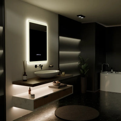 Obdĺžnikové LED zrkadlo, 60x80 cm, senzor Pugliesi MotionGlow Marcello, systém odhmlievania, hodiny a teplomer, stmievateľné