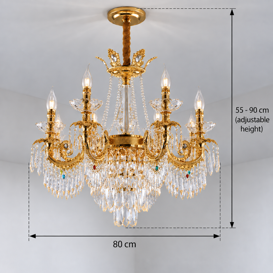 Krištáľový luster Regalis 11x E14, priemer 85 cm, lesklé zlato, nastaviteľná výška, kov a krištáľ