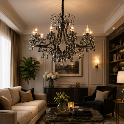 Candelabru Cristal BARO Supremo, Φ92cm, 10xE14, Inaltime Reglabila, Metal si Cristal, Negru