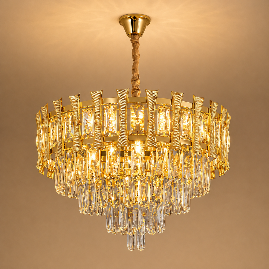 Krištáľový luster HAMPTON Eleganza 8x E14, priemer 49 cm, lesklý zlatý, nastaviteľná výška