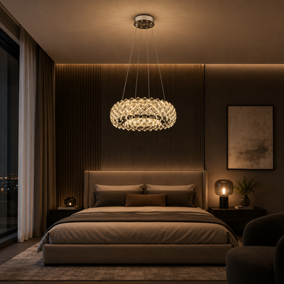 Candelabru Cristal KALTO Nobile, 72W, Lumina Rece/Calda/Neutra, Inaltime Reglabila, Metal si Cristal, Crom Lucios