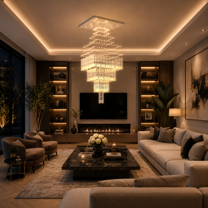 LED krištáľový luster 80W FLORENTIA Gold, Priemer 50cm, Výška 200cm, Rebríkový model