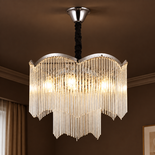 Candelabru Cristal MEKELLE Eleganza, 8x E14, Diametru 50cm, Metal si Cristal, Crom Lucios, Inaltime Reglabila