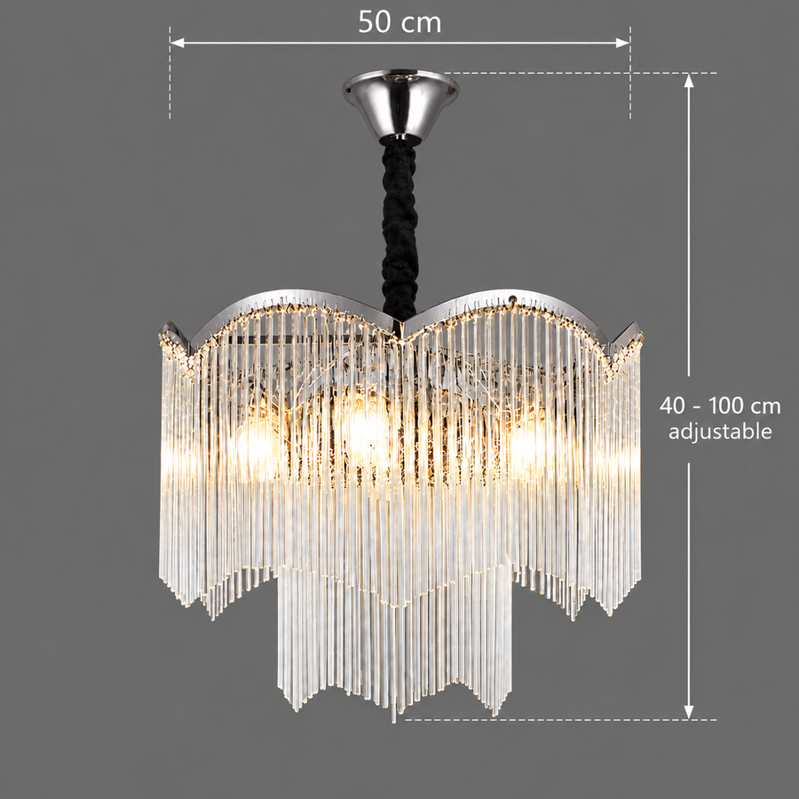 Candelabru Cristal MEKELLE Eleganza, 8x E14, Diametru 50cm, Metal si Cristal, Crom Lucios, Inaltime Reglabila