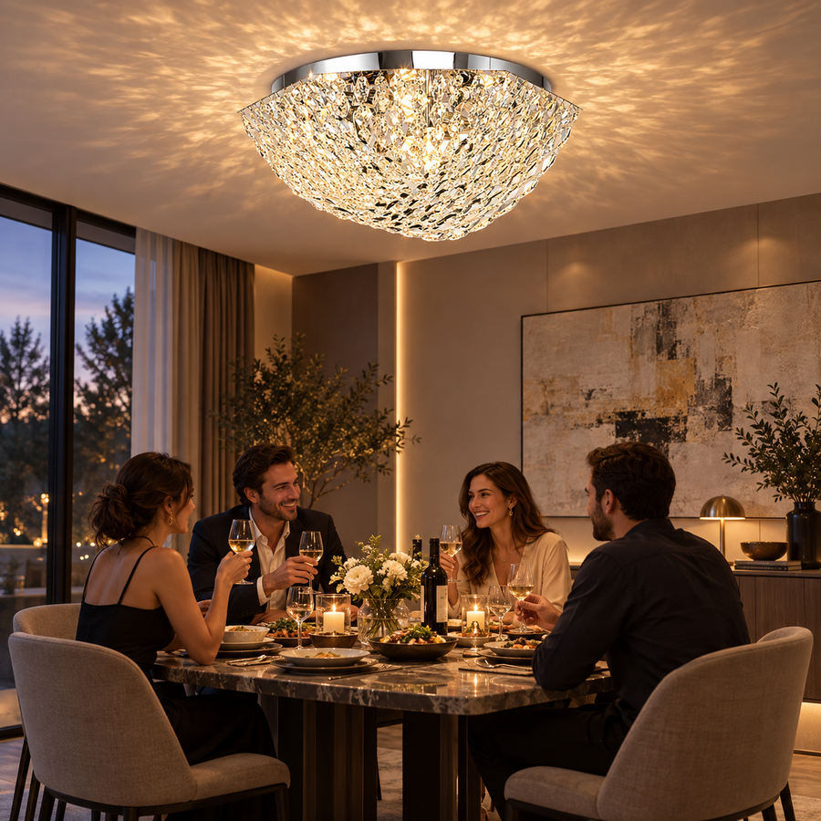 Candelabru Cristal QEQERTARSUAQ Magno, 9x E14, Diametru 60cm, Metal si Cristal, Crom Lucios