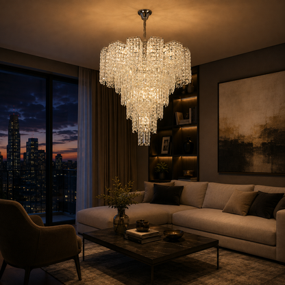 Candelabru Cristal TAGISH Supremo 19xE14, Diametru 80cm, Metal si Cristal, Crom Lucios, Inaltime Reglabila