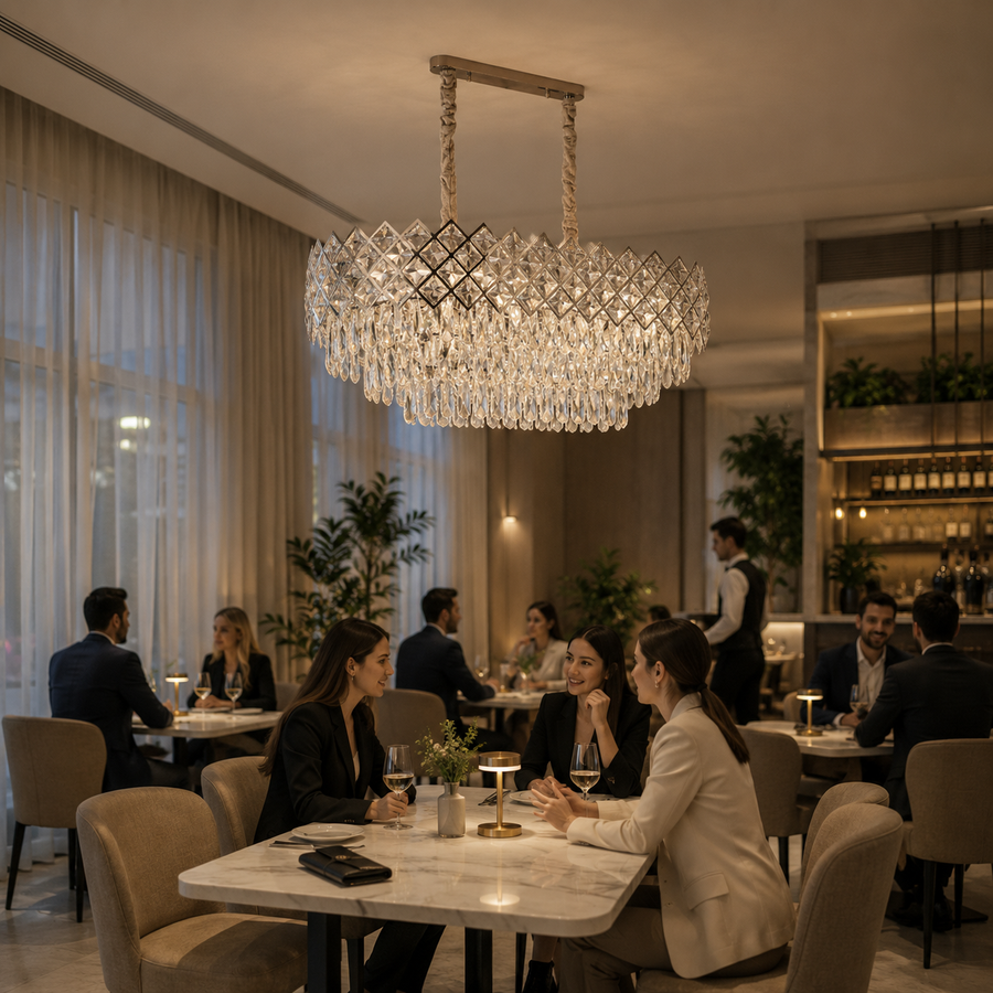 Candelabru Cristal VECTORIA Supremo, 10xE14, Diametru 75x39cm, Crom Lucios, Inaltime Reglabila, Metal si Cristal