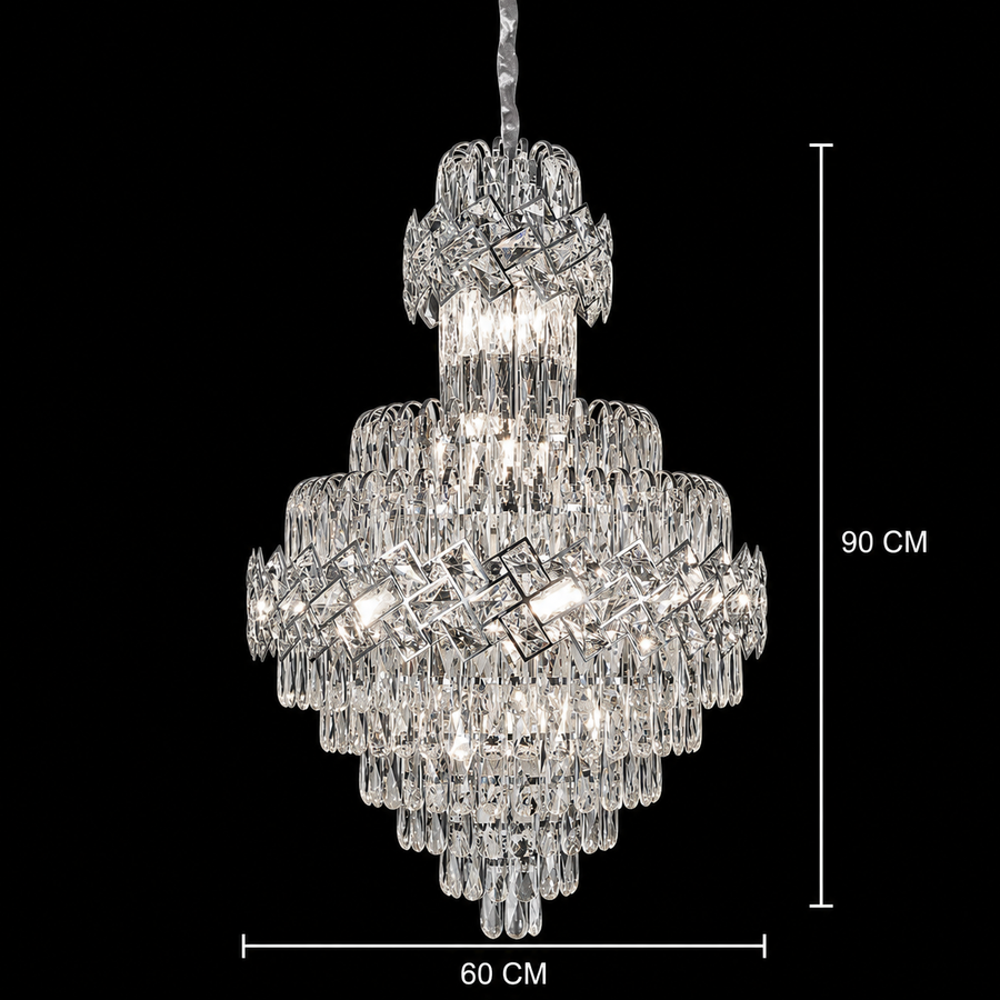 WINDSOR Grande Supremo Krištáľový luster 14xE14, Priemer 60X90cm, Lesklý chróm, Nastaviteľná výška