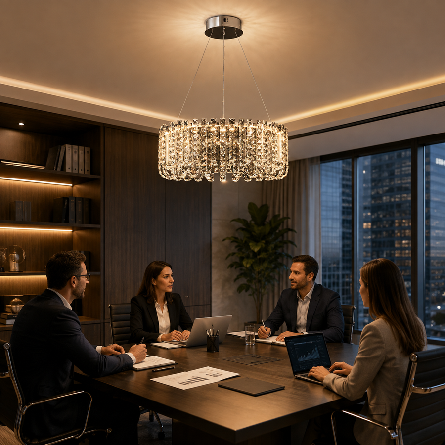 Candelabru LED Cristal TURKMENABAT Eleganza, Ø48cm, 27W, Lumina Rece/Calda/Neutra, Metal si Cristal, Crom Lucios, Inaltime Reglabila