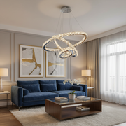 Závesný LED luster s diaľkovým ovládaním a krištáľom PRISM LUMINIS 78,3W, 3 kruhy, studené/teplé/neutrálne svetlo, stmievateľné, strieborné, výškovo nastaviteľné