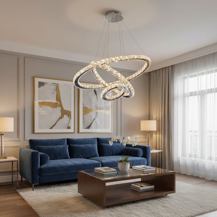Závesný LED luster s diaľkovým ovládaním a krištáľom PRISM LUMINIS 78,3W, 3 kruhy, studené/teplé/neutrálne svetlo, stmievateľné, strieborné, výškovo nastaviteľné