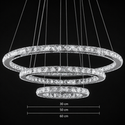 Závesný LED luster s diaľkovým ovládaním a krištáľom PRISM LUMINIS 78,3W, 3 kruhy, studené/teplé/neutrálne svetlo, stmievateľné, strieborné, výškovo nastaviteľné