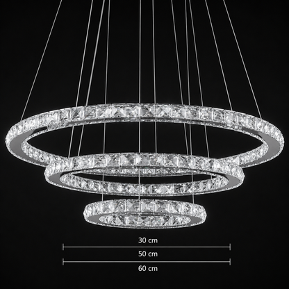 Závesný LED luster s diaľkovým ovládaním a krištáľom PRISM LUMINIS 78,3W, 3 kruhy, studené/teplé/neutrálne svetlo, stmievateľné, strieborné, výškovo nastaviteľné