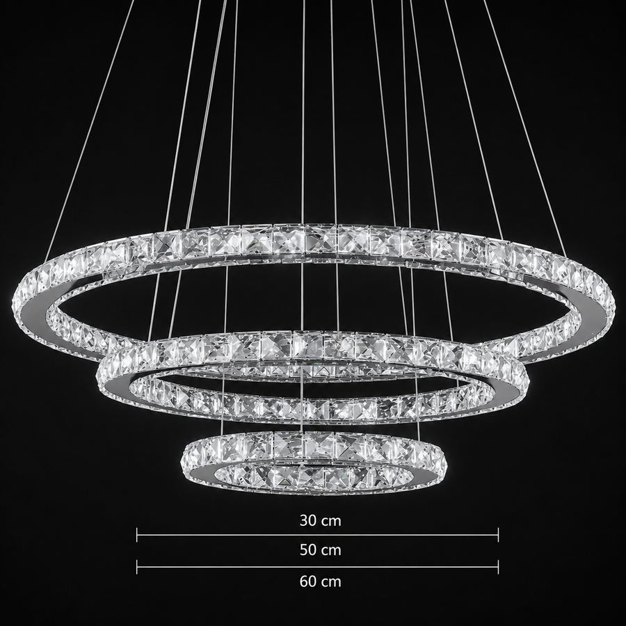 Závesný LED luster s diaľkovým ovládaním a krištáľom PRISM LUMINIS 78,3W, 3 kruhy, studené/teplé/neutrálne svetlo, stmievateľné, strieborné, výškovo nastaviteľné