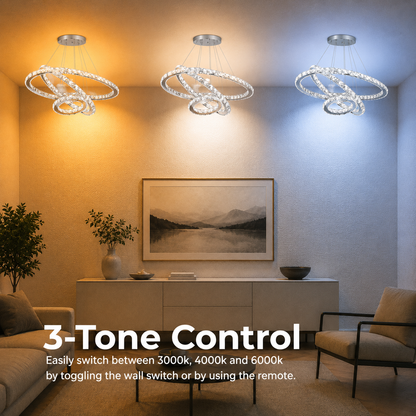 Závesný LED luster s diaľkovým ovládaním a krištáľom PRISM LUMINIS 78,3W, 3 kruhy, studené/teplé/neutrálne svetlo, stmievateľné, strieborné, výškovo nastaviteľné