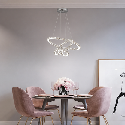 Závesný LED luster s diaľkovým ovládaním a krištáľom PRISM LUMINIS 78,3W, 3 kruhy, studené/teplé/neutrálne svetlo, stmievateľné, strieborné, výškovo nastaviteľné