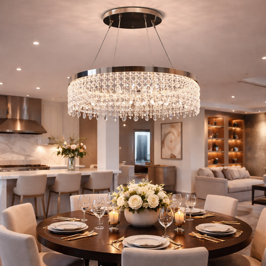LED luster CC41003/500CH, Priemer 50 cm, Výška 120 cm, IP20, Studené/Neutrálne/Teplé svetlo, Stmievateľné, Strieborný, Krištáľový, Oceľ