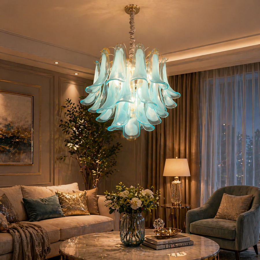 Candelabru Cristal AZURE Magno 7xE14, D60 cm, Albastru, Inaltime Reglabila, Metal si Cristal