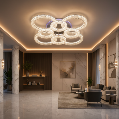 Lustra LED RONDA Regalis cu telecomanda 141W, 8 Cercuri, lumina Rece/Calda/Neutra, Dimabila, Alb