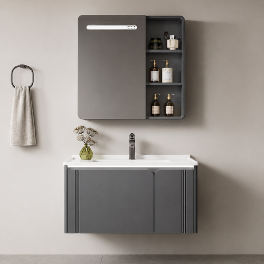 Set Mobilier ORIA pentru Baie, Dulap Lavoar+Dulap Oglinda 80cm, 3 Piese, Gri si Alb