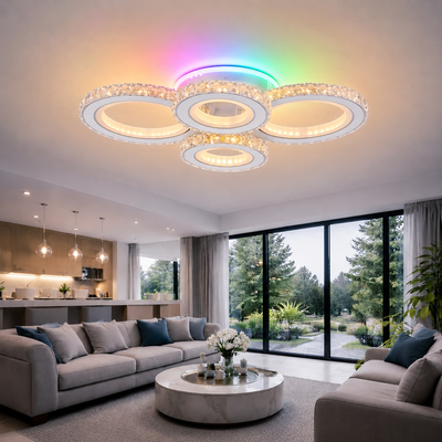 LED luster s diaľkovým ovládaním a krištáľom NOVA ROTONDA RGB 82W, 4 kruhy, studené/teplé/neutrálne svetlo, stmievateľné, biela
