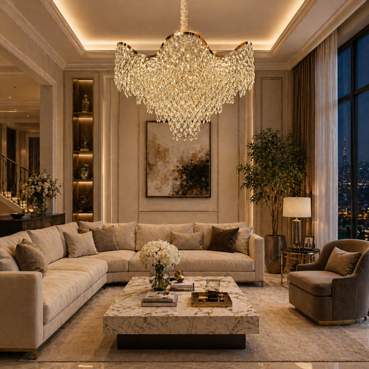 Candelabru Cristal 13xE14 VELOURA Magno , D60 cm, Auriu, Inaltime Reglabila, Metal si Cristal