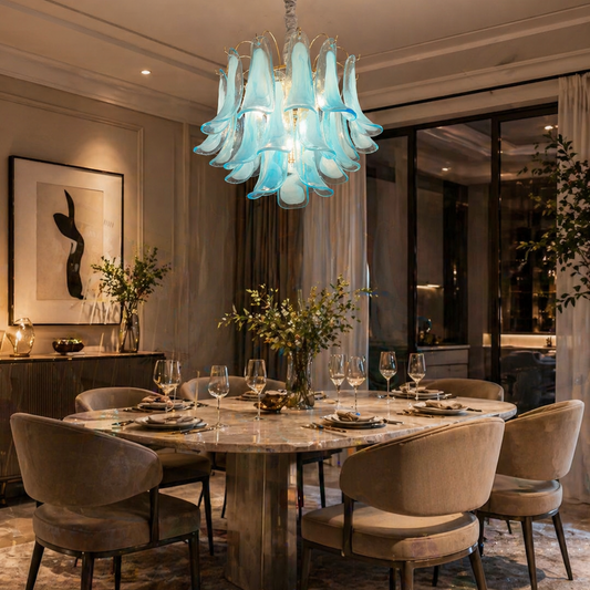 Candelabru Cristal AZURE Eleganza 4xE14, D50 cm, Albastru, Inaltime Reglabila, Metal si Cristal