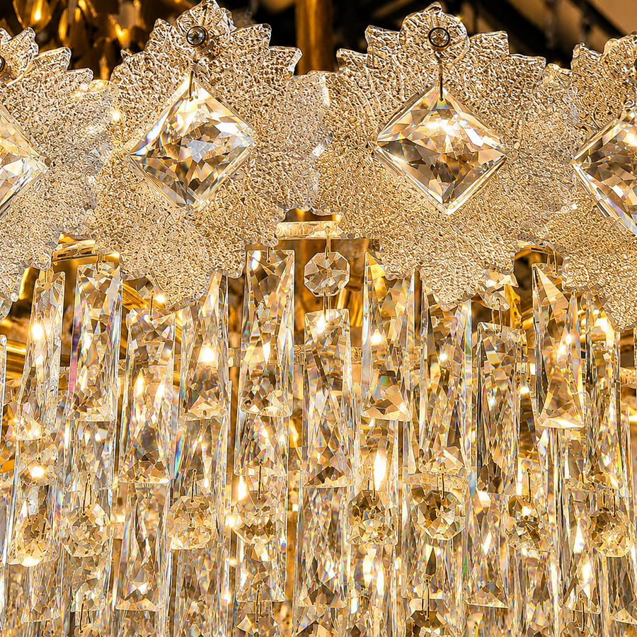 Candelabru Cristal FLEUR Supremo 14xE14, Dimensiune 100x35 cm, Inaltime 35 cm, Auriu Lucios, Inaltime Reglabila, Design Elegant