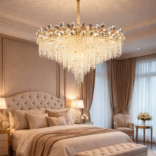Krištáľový luster Regalis 11x E14, priemer 85 cm, lesklé zlato, nastaviteľná výška, kov a krištáľ