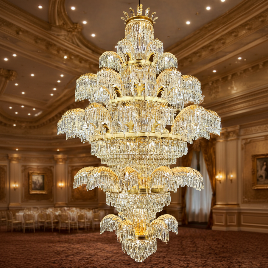 Krištáľový luster CC8043/600H1800GD, Priemer 60cm, Výška 180cm, Lesklý zlatý, Nastaviteľná výška, Elegantný dizajn
