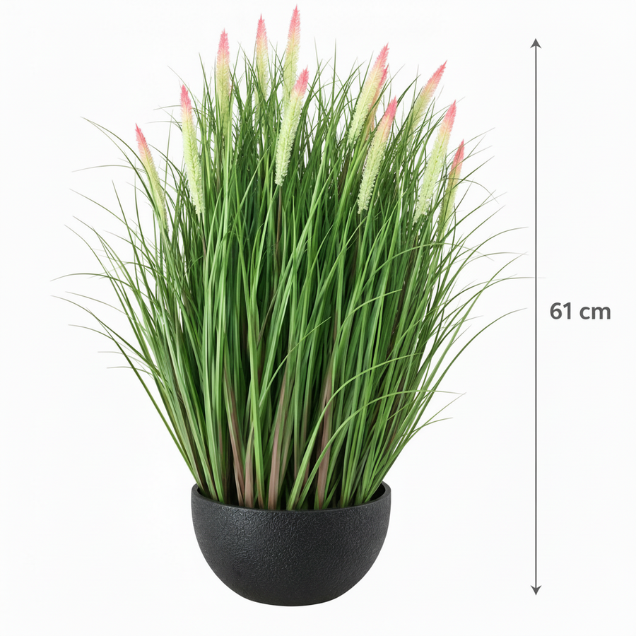 Umelá rastlina, okrasná črepníková tráva typu líščí chvost, 61 cm, s 19 koreninami, zelená a ružová