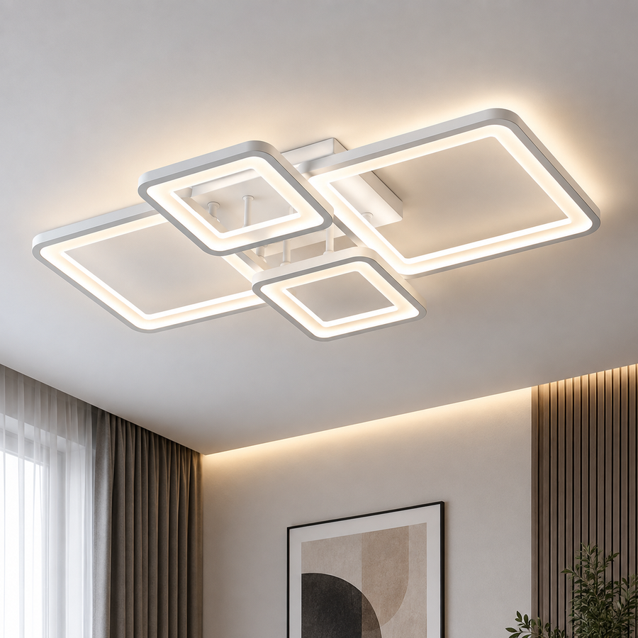 LED luster s diaľkovým ovládaním ELLA 67W, 4 štvorce, studené/teplé/neutrálne svetlo, stmievateľné, biela, kov a akryl