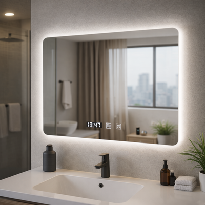 ARTAR dotykové obdĺžnikové LED zrkadlo, 80x60cm, odhmlievací systém, stmievateľné, hodiny a teplota, teplé neutrálne studené svetlo 3000K/4000K/6000K