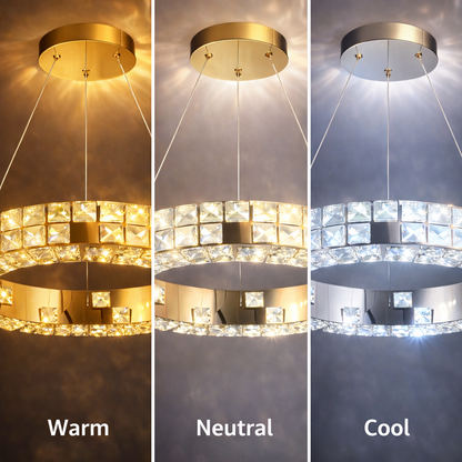 LED luster s diaľkovým ovládaním, LLC135/2GD, krištáľ a kov, 80W, 2 kruhy, stmievateľné, výškovo nastaviteľné, studené/teplé/neutrálne svetlo 3000K/4000K/6000K, Luxusné osvetlenie