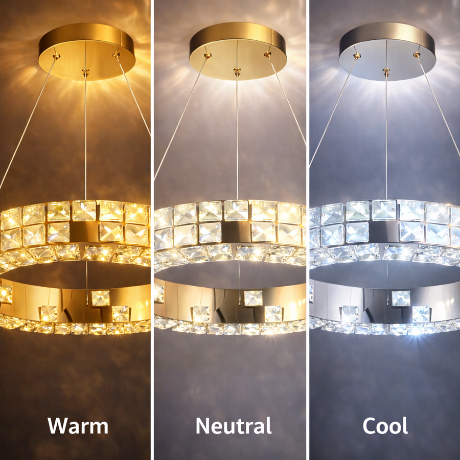 LED luster s diaľkovým ovládaním, LLC135/2GD, krištáľ a kov, 80W, 2 kruhy, stmievateľné, výškovo nastaviteľné, studené/teplé/neutrálne svetlo 3000K/4000K/6000K, Luxusné osvetlenie