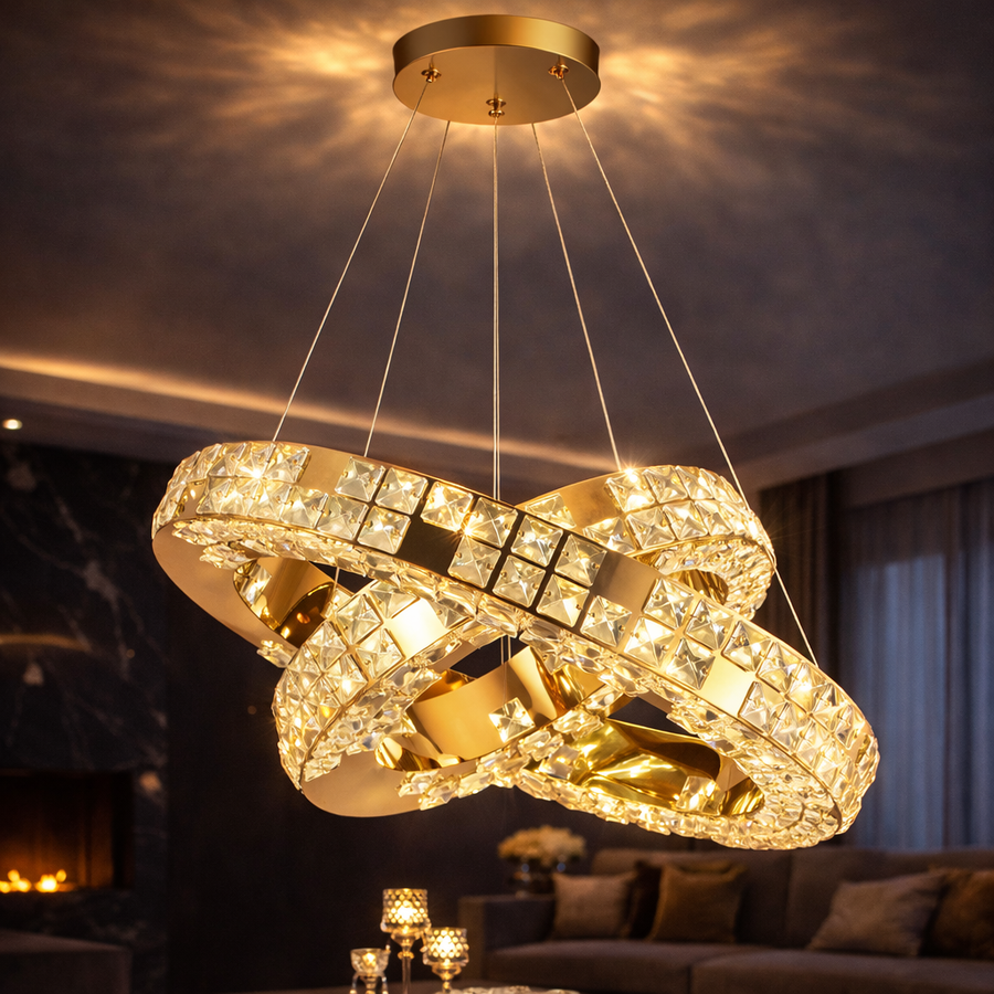 LED luster s diaľkovým ovládaním, LLC135/2GD, krištáľ a kov, 80W, 2 kruhy, stmievateľné, výškovo nastaviteľné, studené/teplé/neutrálne svetlo 3000K/4000K/6000K, Luxusné osvetlenie